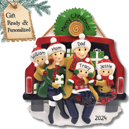3D Red Truck Family of 5 Christmas Ornament 2025 Personalized Family Christmas Ornaments 2025 | Vintage Car Road Trip Presents Personalized Tree Ornaments Customizable Gifts in Pickup of Five Ornament