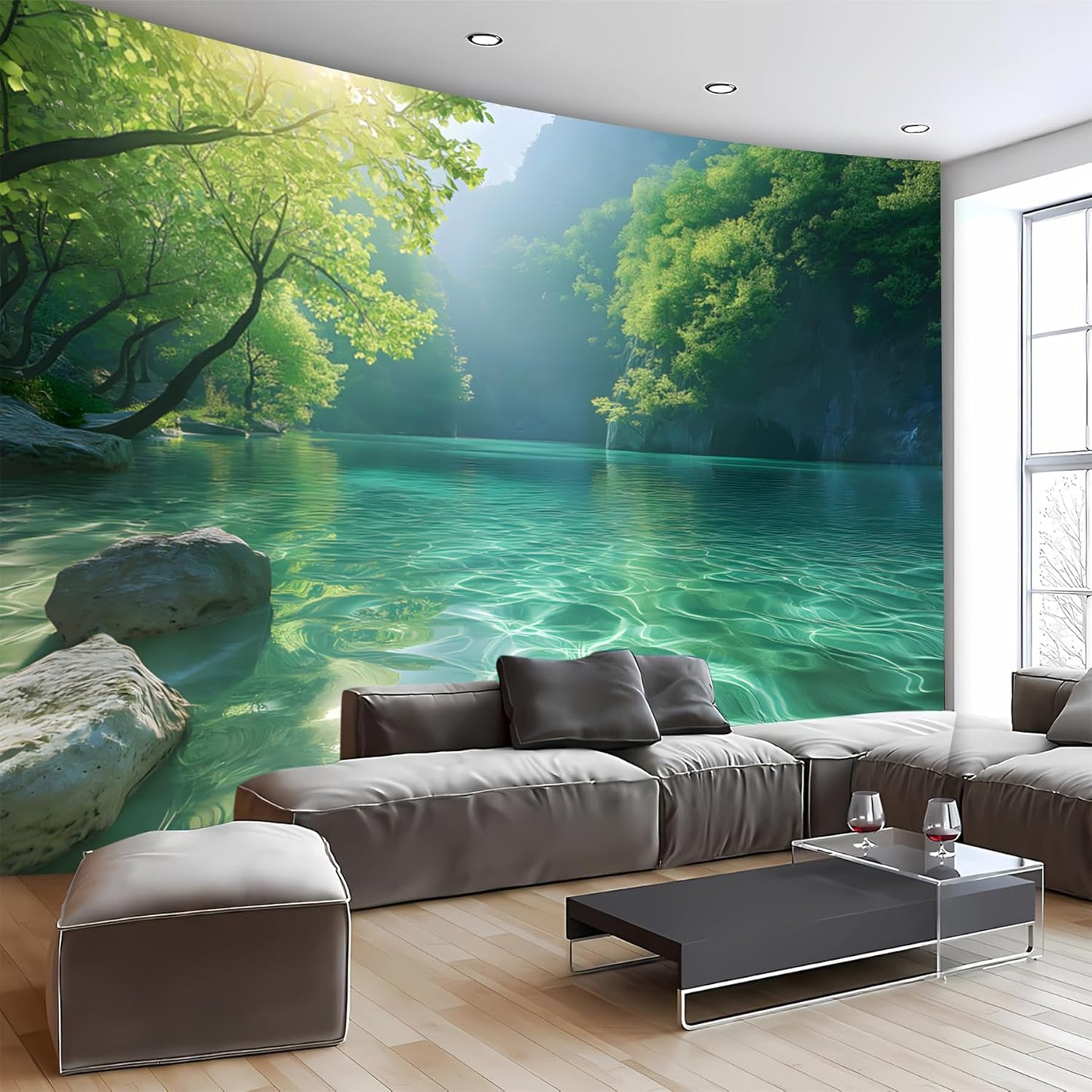 BSFHH Nature Tapestry Forest Tree Sea Cave Wall Hanging, Stream Through Rainforest Landscape Wall Art Tapestry for Bedroom Living room (Lake View, 110" × 87", Unframed)