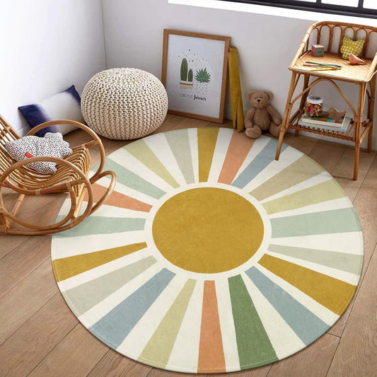 STARUIA Boho Sun Round Area Rug for Living Room, 6 Ft Washable Nursery Rug for Playroom, Colorful Circle Rugs for Kids Bedroom, Non-Slip Circluar Carpet Soft Large Kid Rug for Classroom Dorm