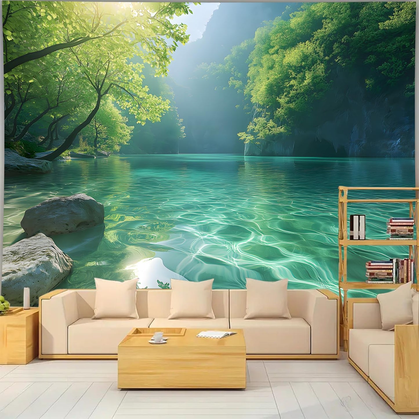 BSFHH Nature Tapestry Forest Tree Sea Cave Wall Hanging, Stream Through Rainforest Landscape Wall Art Tapestry for Bedroom Living room (Lake View, 90"×70", Unframed)