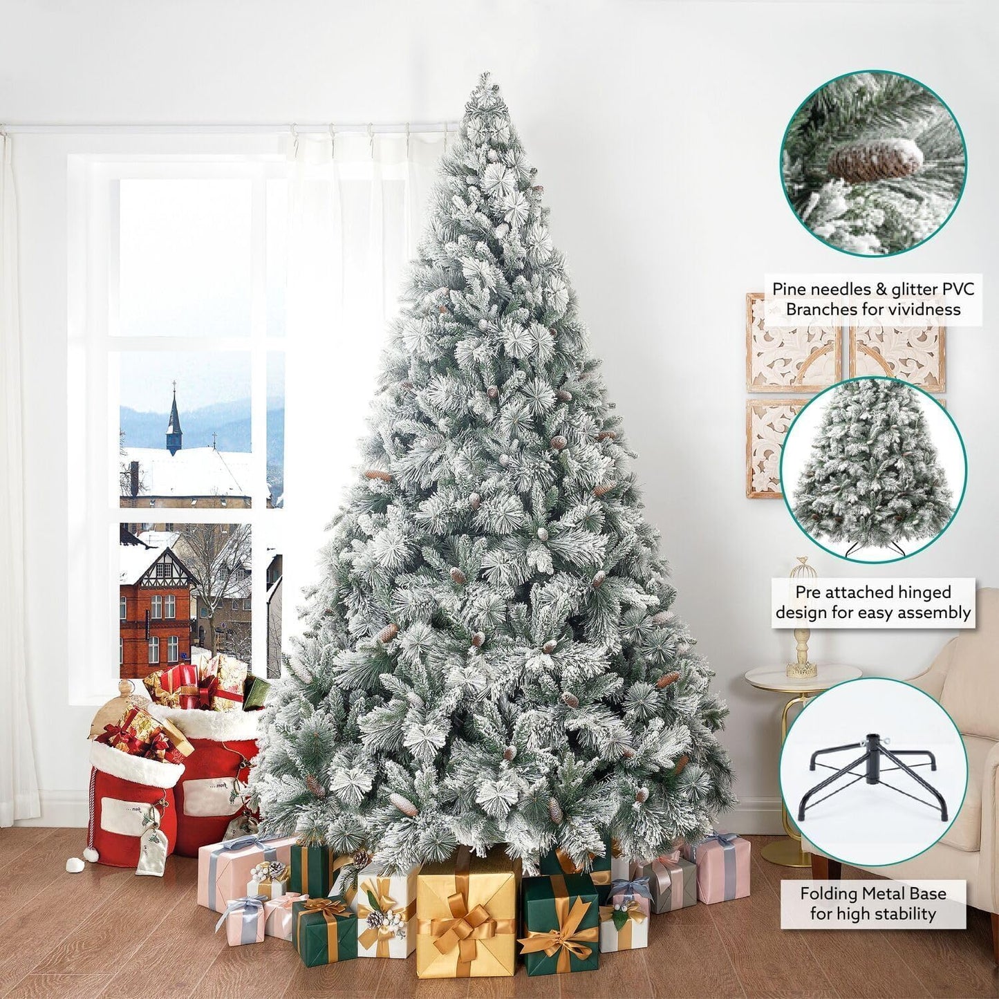 Naomi Home 6.5ft Snow Flocked Christmas Tree with Lights,Realistic Frosted Pine Prelit with Pine Cones, Foot Pedal 1040 Branch Tips, 650 Warm Lights & Metal Stand, Pre Lit Xmas Tree