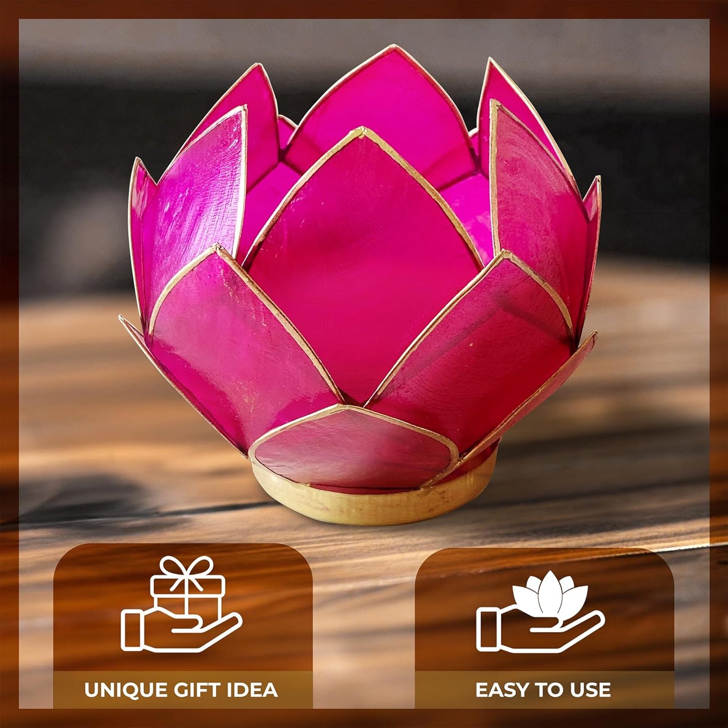 Blooming Lotus Capiz Shell Tealight Candle Holder, Handcrafted Decorative Tea Light Candleholder with Translucent Flower Petals for Ambient Illumination and Natural Elegance, Fuchsia