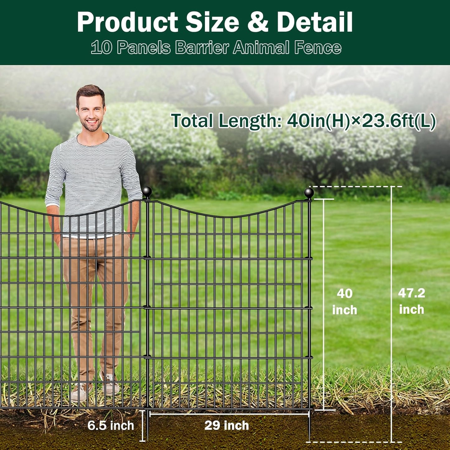 10 Panels Decorative Garden Fence with Gate, 40 in(H) X 23.6 ft(L) No Dig Dog Fence Animal Barrier Outdoor for Yard, Rustproof Metal Garden Edging and Borders, Temporary Fencing Stakes