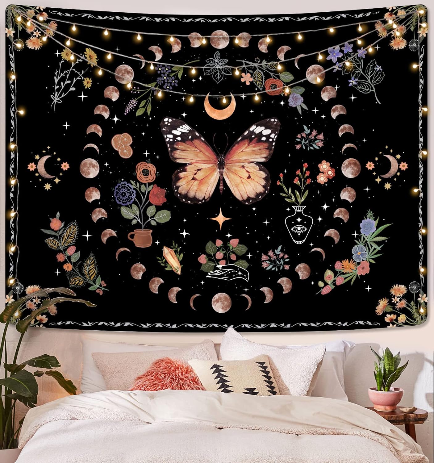 Fowocu Orange Butterfly Moon Flower Tapestry Boho Floral Plant Tapestries for Bedroom Aesthetic Tapastry's Wall Hanging Mandala Botanical Wall Tapestry for Living Room Dorm (Yellow, 80'' × 60'')