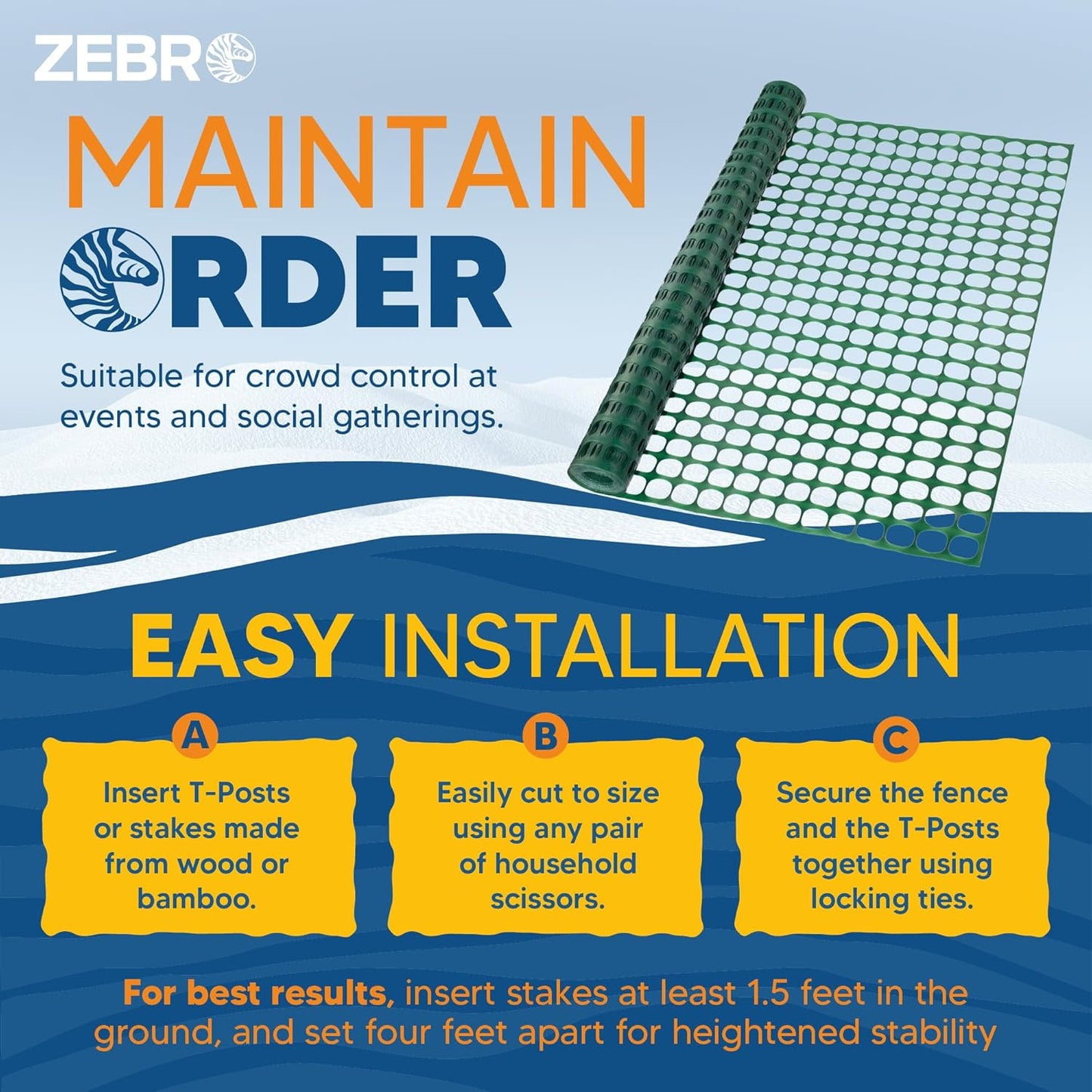 ZEBRO 4' x 50' Green Plastic Garden Fence Roll – Light Duty Mesh Fencing for Temporary Fence, Snow, Garden Netting, Animal Barrier, Agricultural Fencing & Lawn Protection