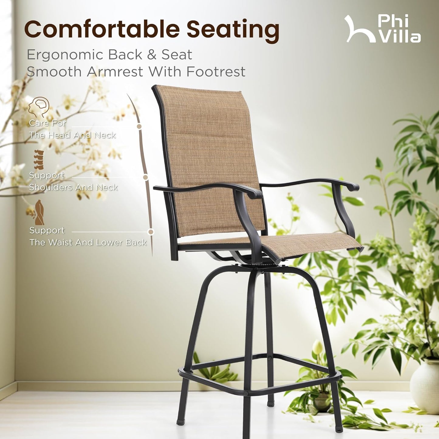 PHI VILLA 7 Piece Patio Bar Dining Set, Bar Height Outdoor Table and Chairs with 6 Swivel Bar Stools (Padded Textilene) & Large Rectangle Metal Table for Deck, Garden and Yard