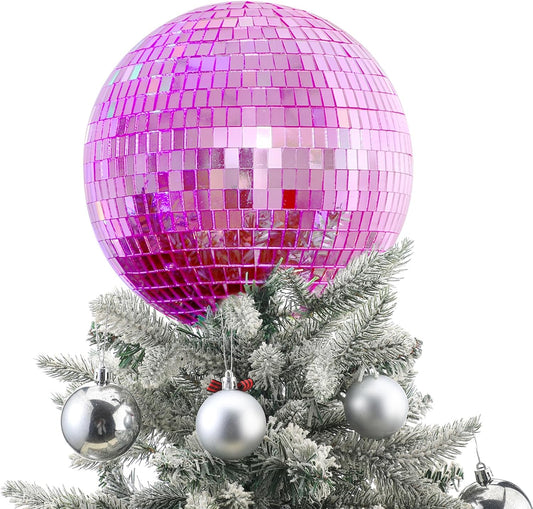 Retisee 8'' Pink Disco Ball Christmas Tree Topper Disco Mirror Ball Xmas Tree Topper 3D Hollow Pink Disco Ball Decor Disco Ball Ornament for 70s Disco Holiday Wedding Birthday Party Decorations