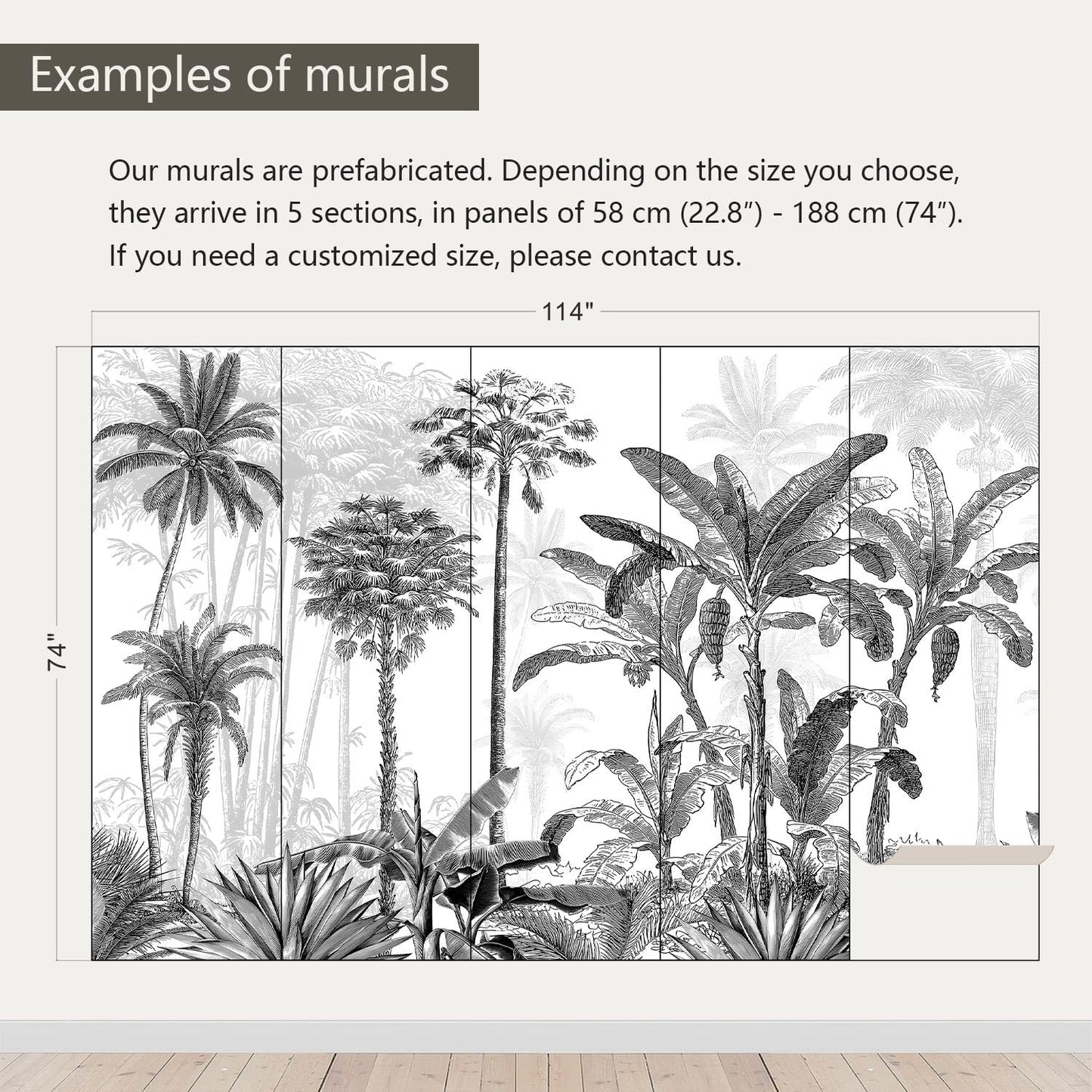 AFZEVEB-Black and White Jungle Wallpaper Hand-Painted Tree Wall murals for Bedroom 114"x74" (Not Peel and Stick)