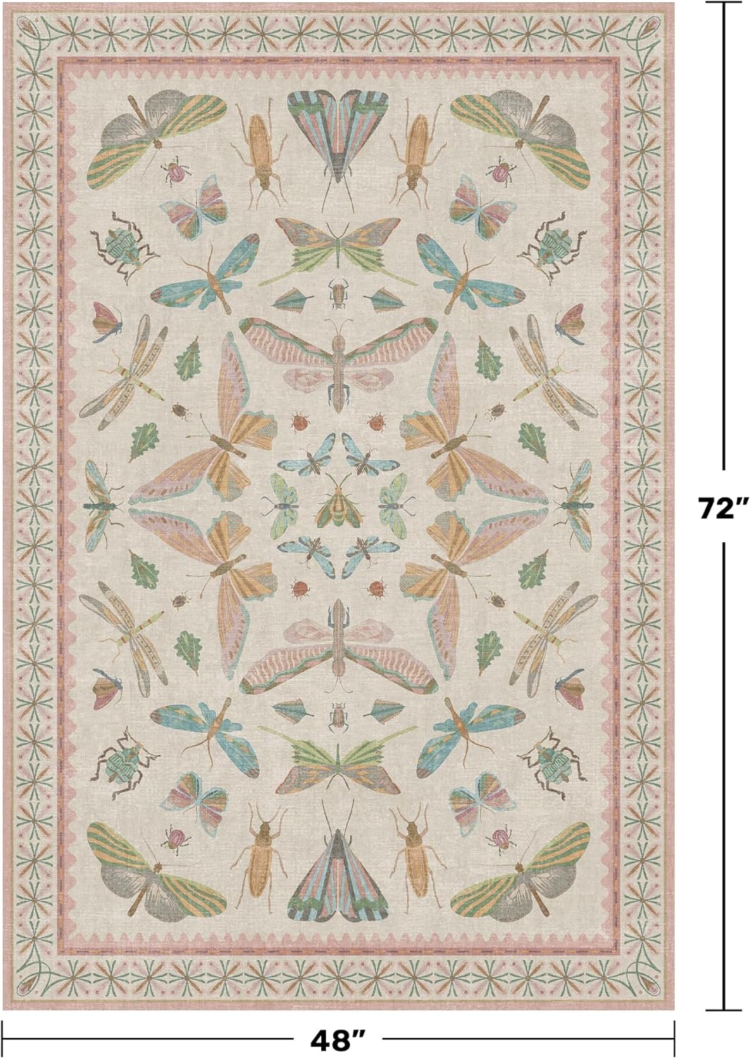 Neutral Girl Nursery Rug 4x6 - Beige & Pink Rugs for Bedroom, Living Room - Washable Low Pile Non-Slip Charming Insect Print Vintage Girly Design, Perfect for Kids Rooms