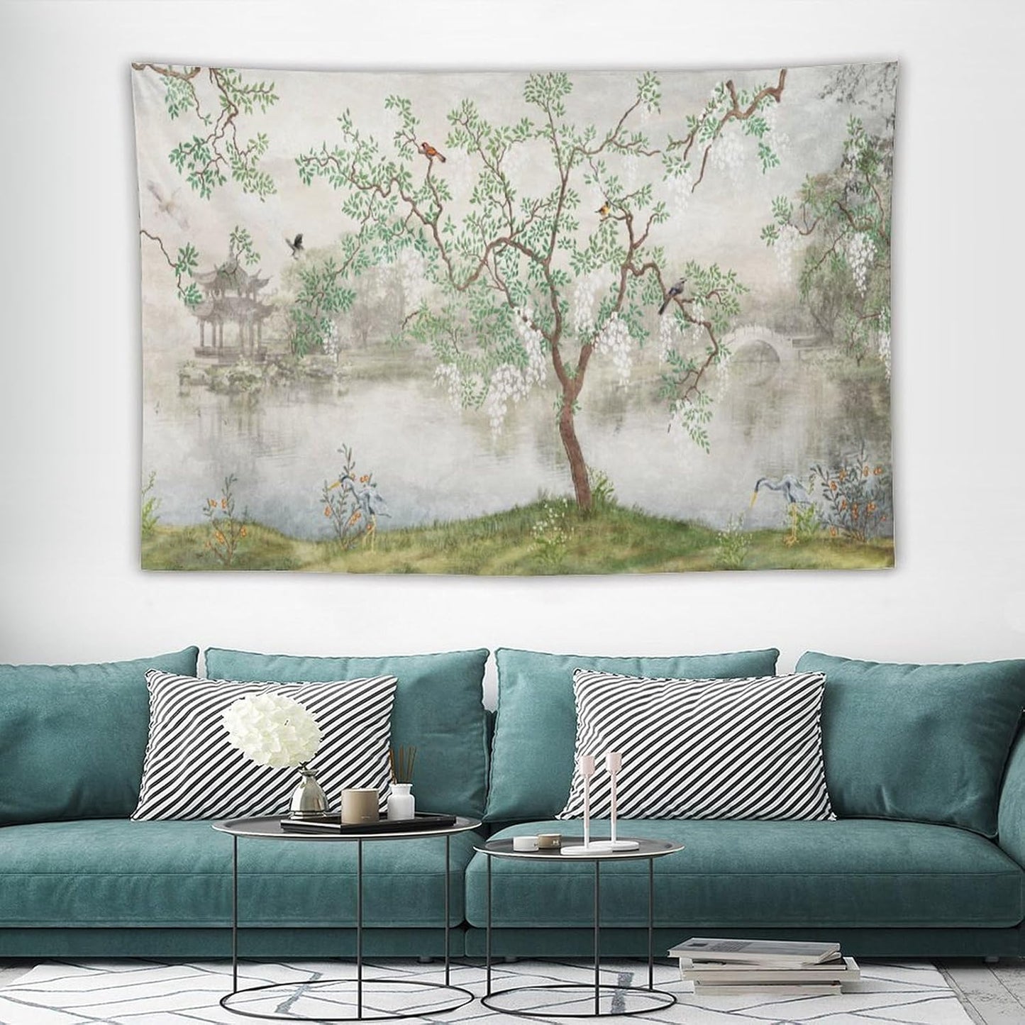 HZOHNAGO Japanese Tapestry Tree Misty Garden Lake Printed Wall Tapestry Ink Painting Wall Hanging for Bedroom Living Room Dorm 90" W x 60" H