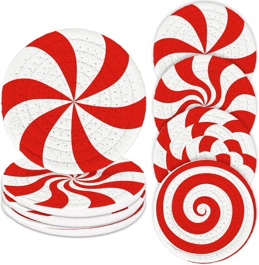 Whaline Christmas Candy Cotton Coasters Red White Peppermint Handmade Braided Drink Coasters Absorbent Cup Mats for Xmas Holiday Party Home Table Decor, Set of 4