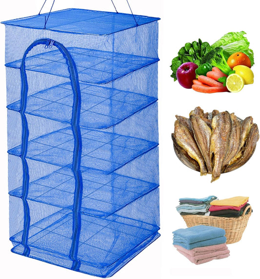 Drying Rack 6 Layers Folding Fish Mesh, Foldable Nylon Netting, Hanging Drying Fish Net, for Shrimp Fish Fruit Vegetables Herb, with Zipper Opening-Blue (37.4X19.6X19.6 in)…