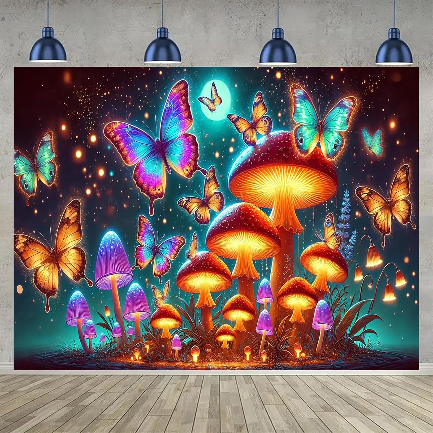 BlissYard Glowing Butterflies Mushroom Forest UV Black Light Tapestry 78x59 Inches Art Color Neon Light Background Bedroom Living Room Wall Party Decoration Fantasy Fungi Insect Magic Garden Scene