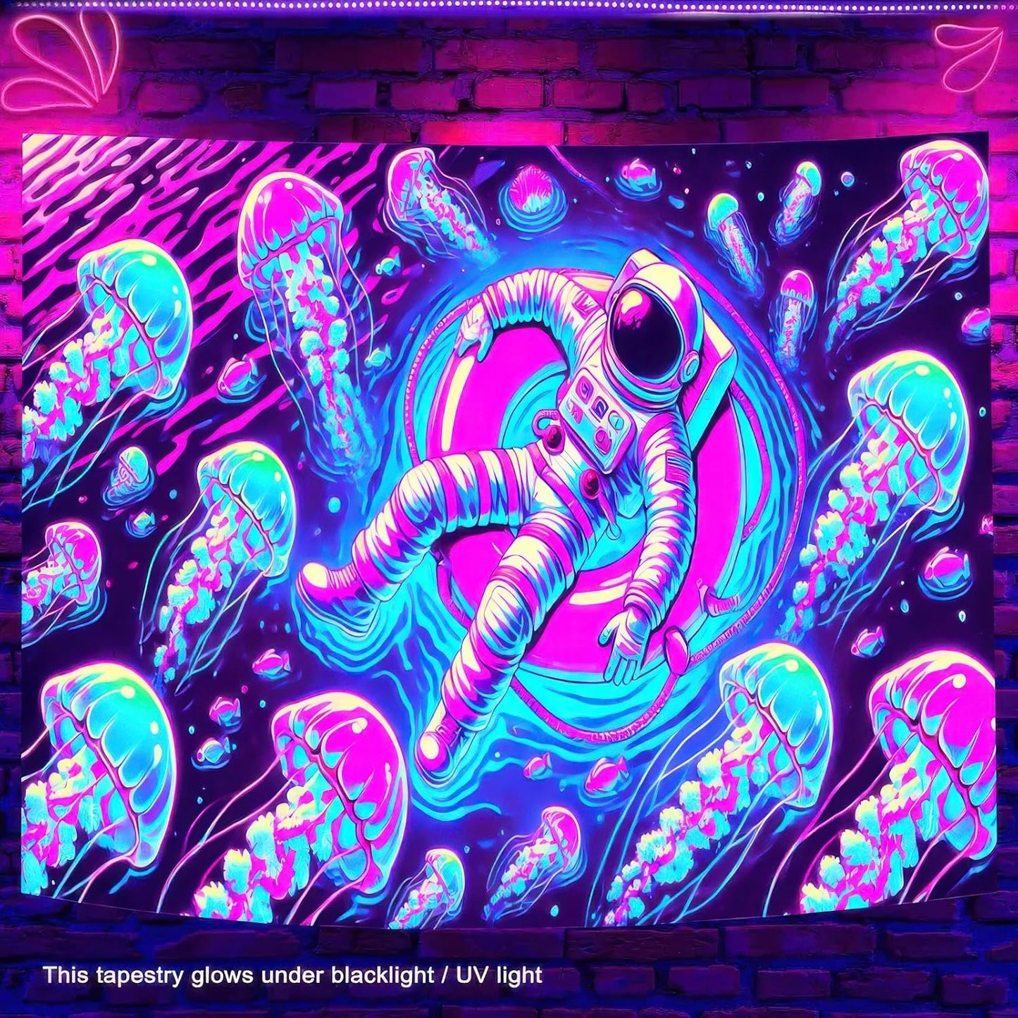 BlissYard Blacklight Tapestry Uv Reactive Tapestry Glow Tapestry 78x59 Inches Wall Tapestry Astronaut Jellyfish in Space Fluorescent Wall Hanging Neon Art Decor with Cosmic Jellyfish and Space Theme