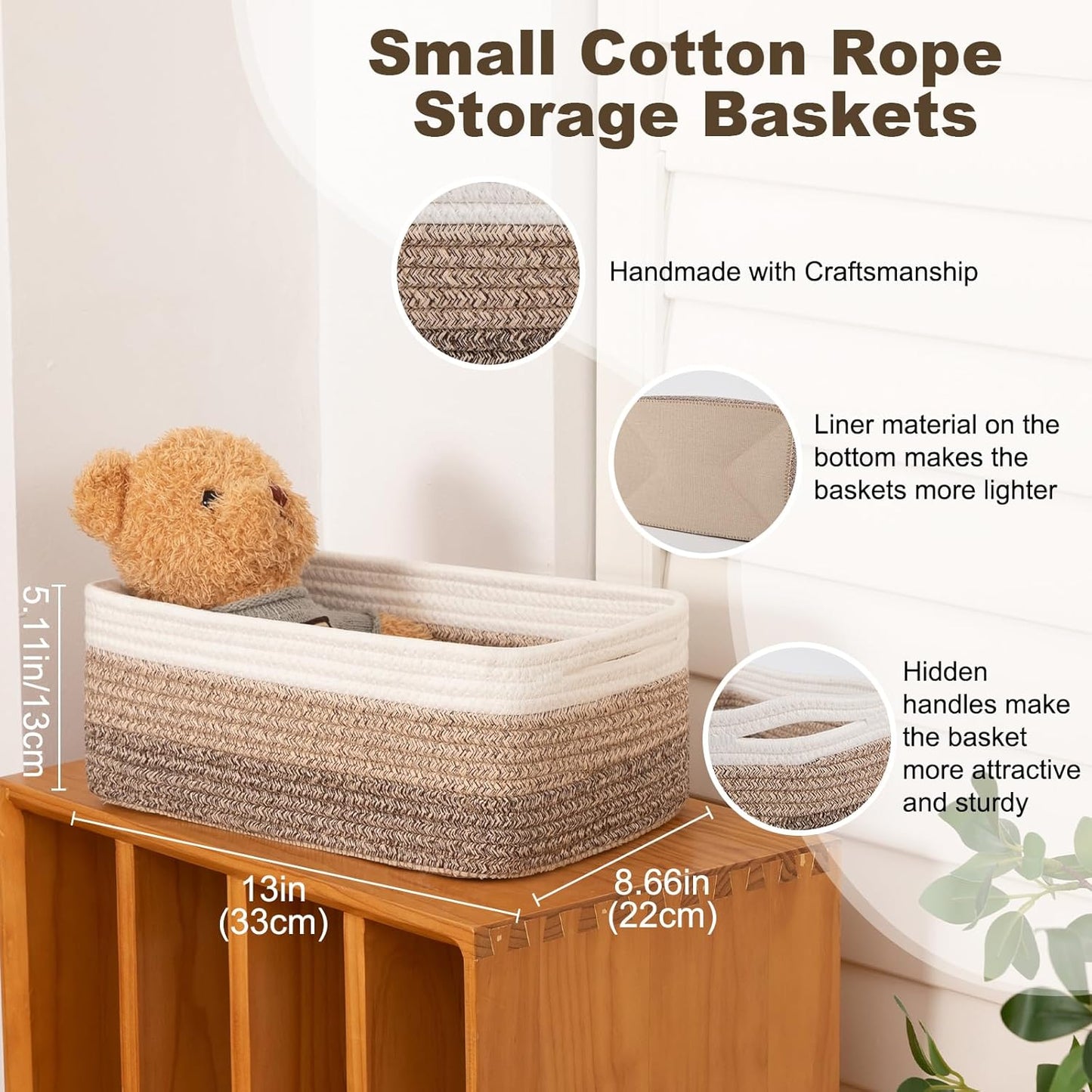 3 Pack Small Storage Baskets for Organizing, Cute Woven Decorative Gift Baskets for Shelves, Mini Closet Organizer Bins with Handles-13''Lx8.66''Wx5.11''H-Brown White