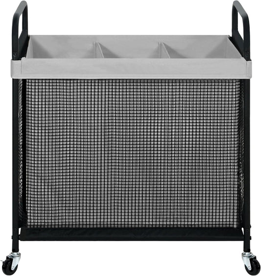 STO STO Laundry Hamper 3 Section, 120L Rolling Laundry Sorter Cart with Removable and Washable Liner Bag, Rolling Clothes Hamper with Metal Handle for Laundry Room and Bedroom, Gray
