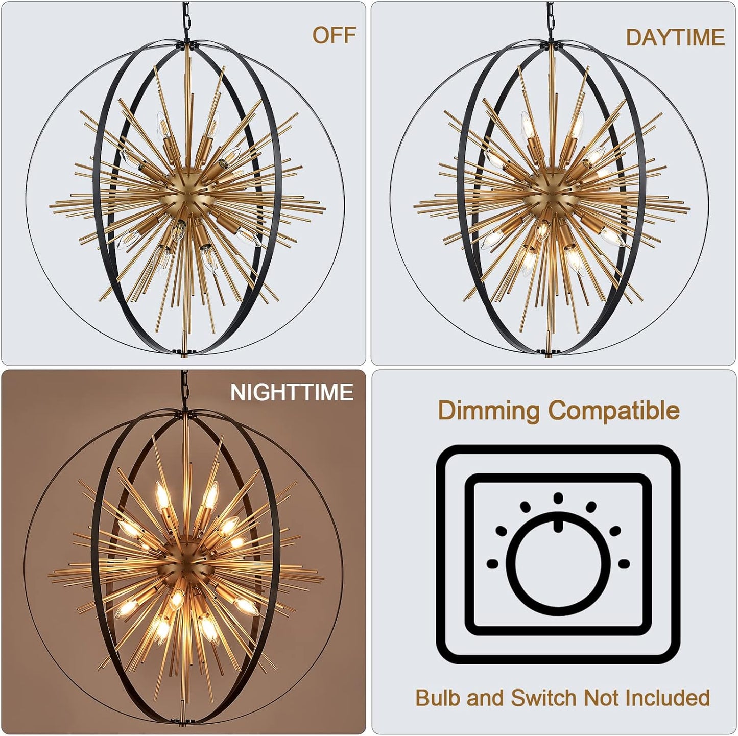 31.5" Black Gold 16-Light Globe Sputnik Chandelier Modern Industrial Adjustable Hanging Ceiling Firework Pendant Light Fixture for Entryway Foyer Stairway Bedroom Dining Living Room Hallway