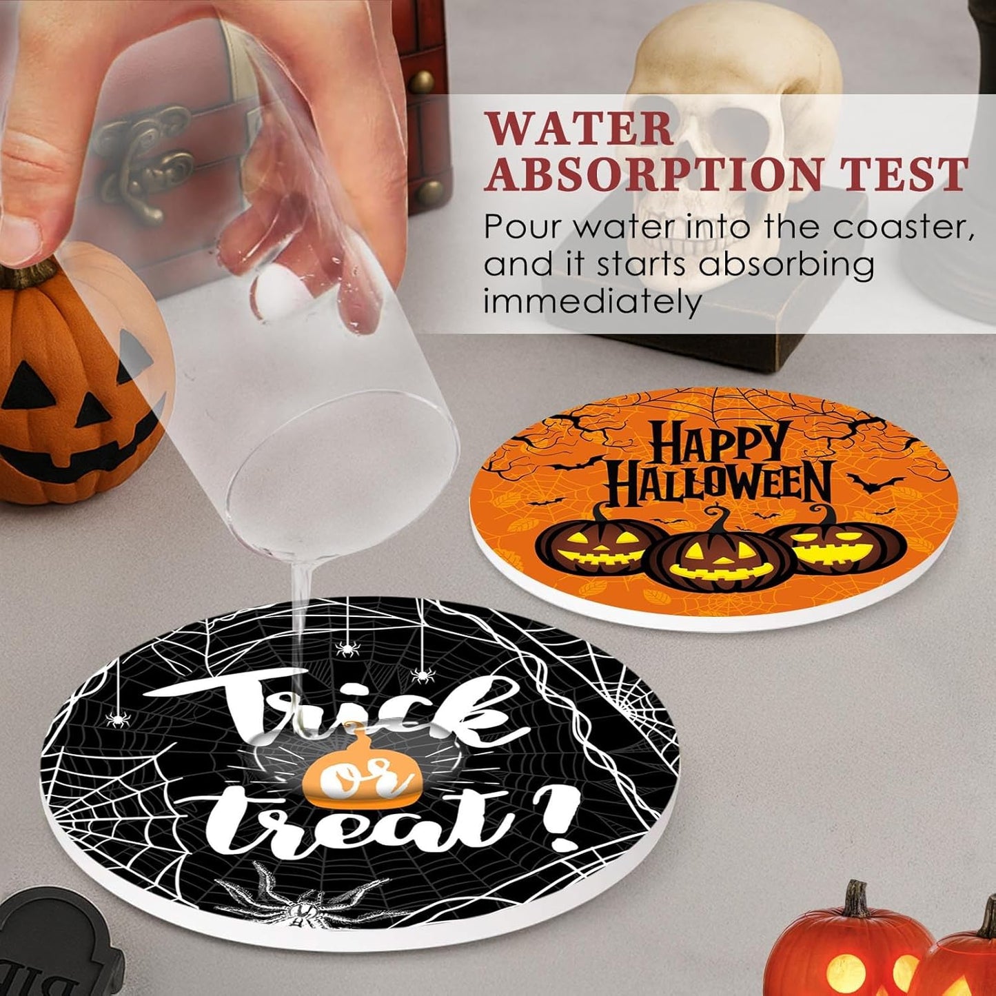 Coaster for Drinks Set of 6, Happy Halloween Trick or Treat Pumpkin Absorbent Round Ceramic Stone Mat, with Cork Base and Metal Holder, Gift for Housewarming Room Bar Decor