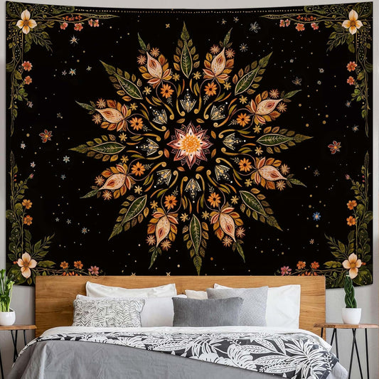 Fowocu Boho Floral Mandala Tapestry for Bedroom Aesthetic Vintage Bohemian Flower Wall Tapestry Black Green Hippie Indian Extra Large Tapestries Wall Hanging for Living Room Dorm Decor 90 x 68 Inch