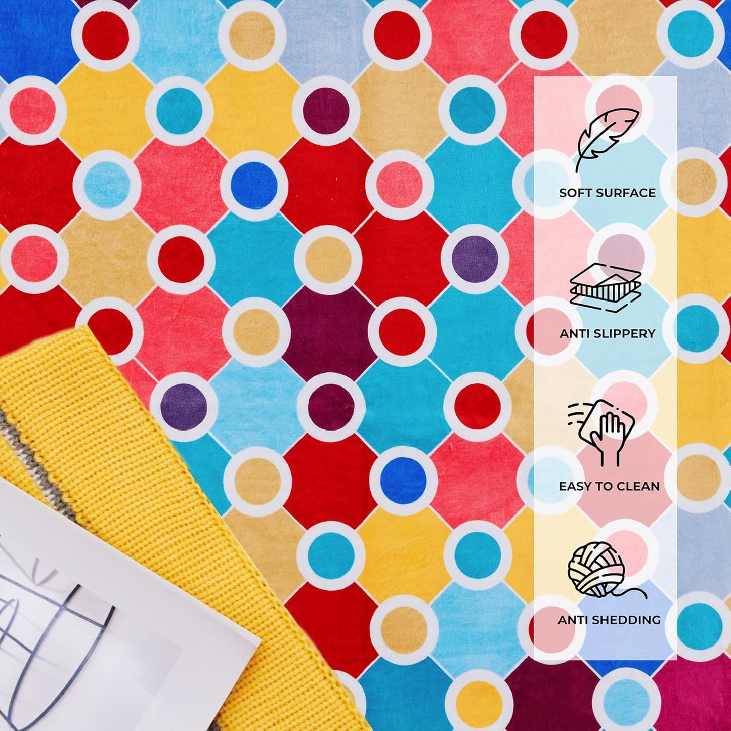 Machine Washable Polka Dot Rug for Kids Area - Multicolor Soft Rug for Nursery/Playroom/Classroom - 5x8