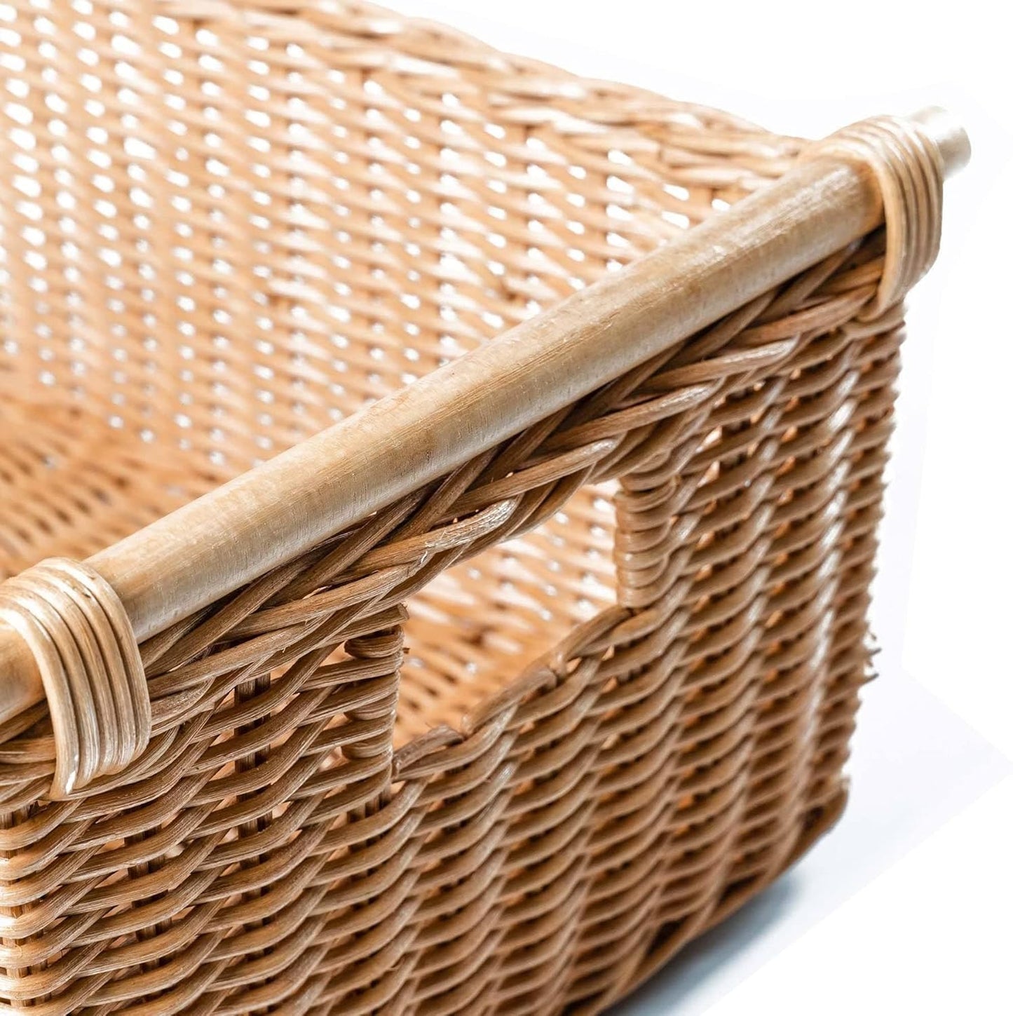 The Basket Lady Pole Handle Wicker Storage Basket, Medium, 16 in L x 12 in W x 8.25 in H, Sandstone