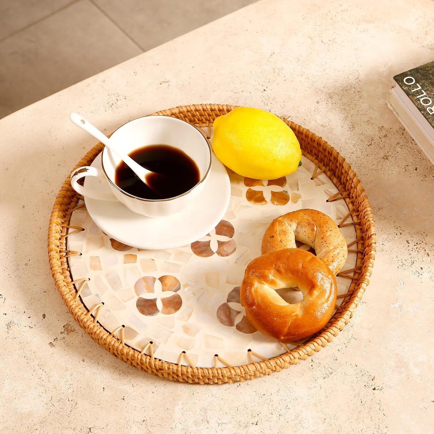 Round Rattan Tray with Mother of Pearl Inlay & Wooden Base - Decorative Wicker Serving Tray for Coffee/Bread/Fruits, Food Storage & Display - Multipurpose Home Decor (L,Four-Petal Flower)