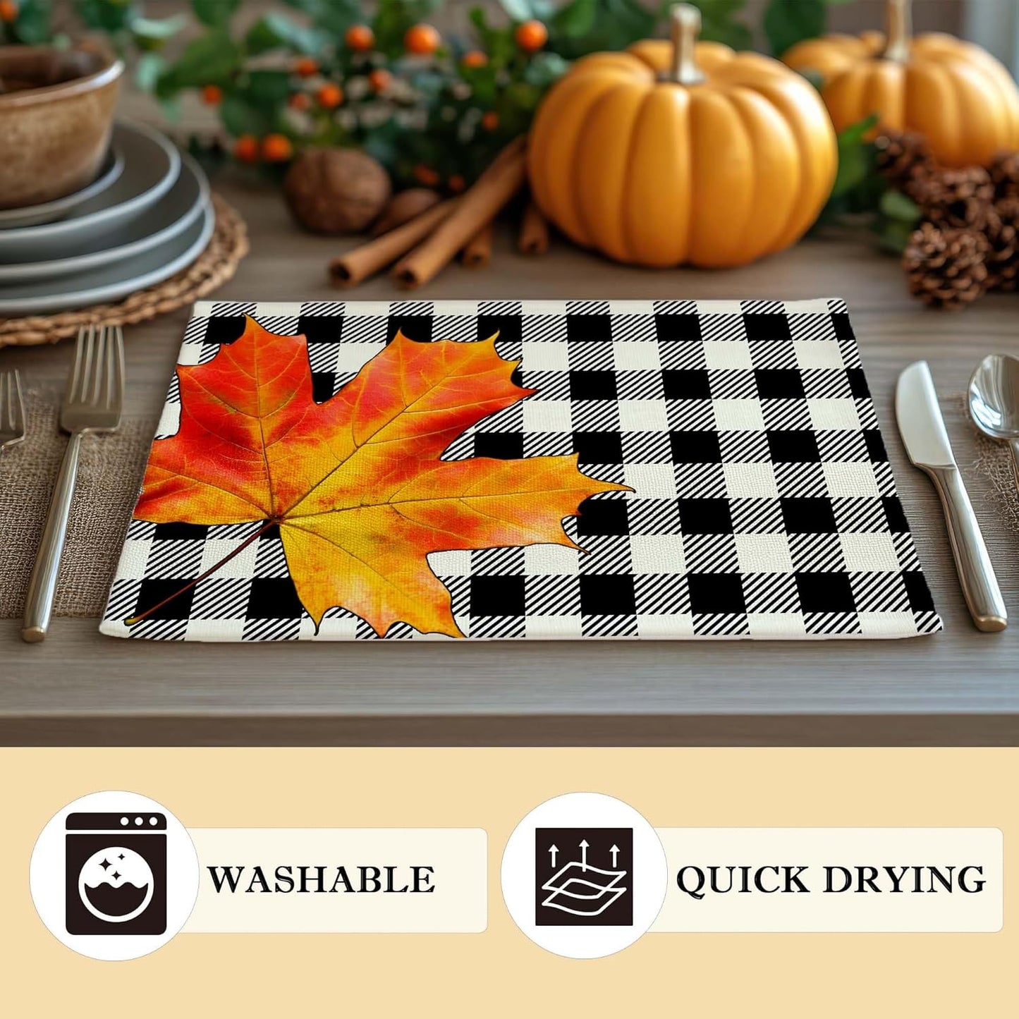 Hello Fall Placemats Set of 4, 12x18 Inch Maple Leaves Buffalo Plaid Table Mats, Washable Heat Resistant Place Mats for Kitchen Dining Table, Autumn Home Farmhouse Decor-B01
