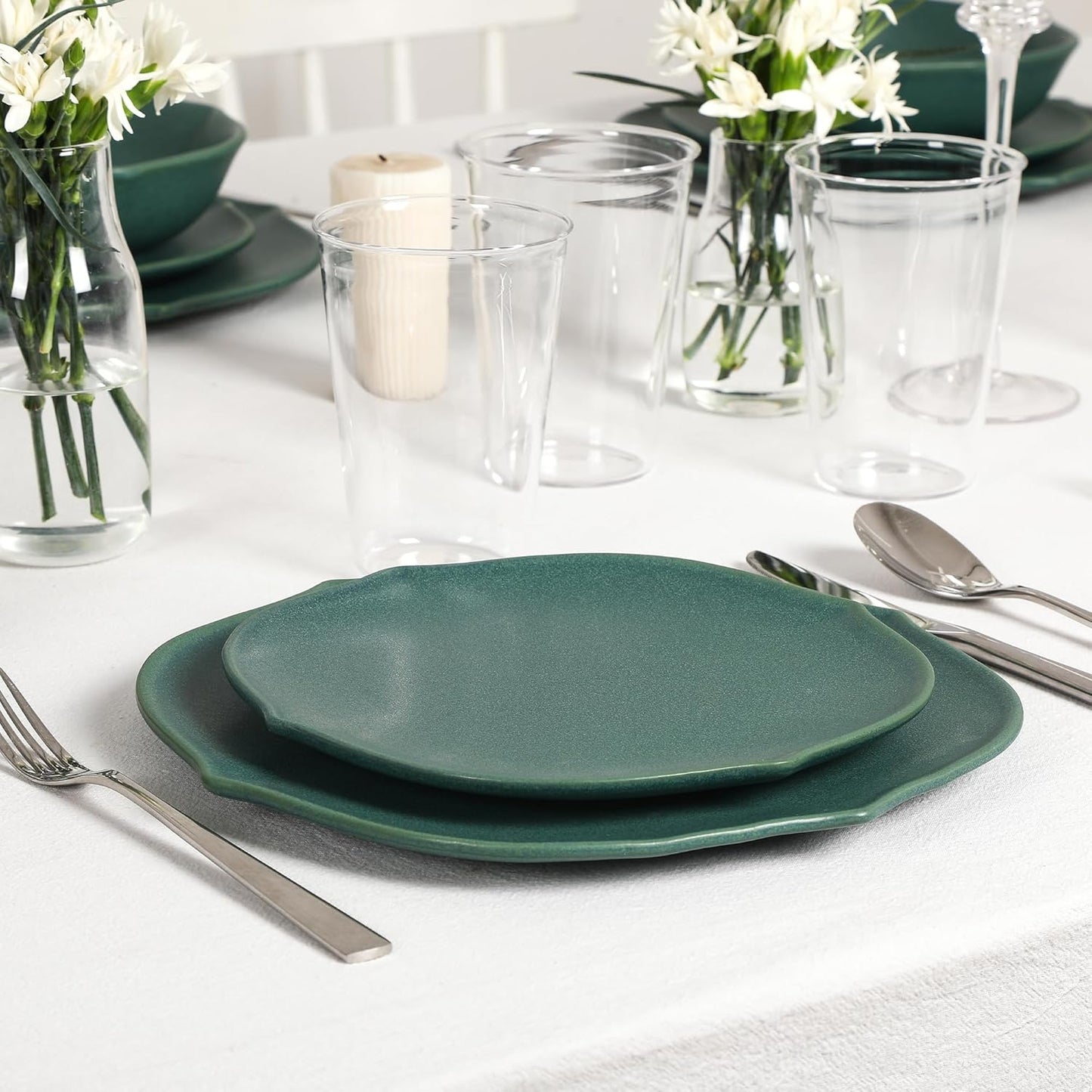 Stone Lain Baskerville 32-Piece Dinnerware Set Stoneware, Borosilicate Glass, Green