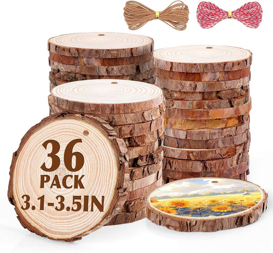 36 Pack Nature Wood Slices for Crafts,3.1-3.5In Unfinished Natural Wood Rounds.Wood Circles Predrilled with Hole and 20m Rope for Wooden Craft Supplies,Painting,Wooden Ornaments,DIY Gifts