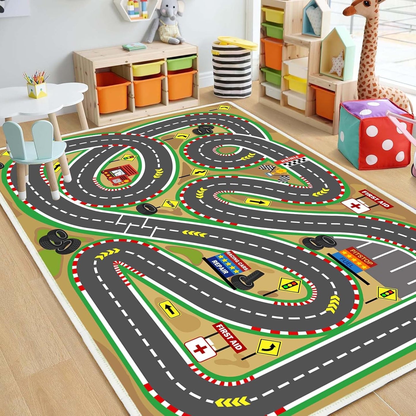 Kids Rug Play mat Playroom Rugs Car Rugs for Kids Toy Cars Race Track for Classroom Rug (Race-Brown, 6.6x9.8ft)