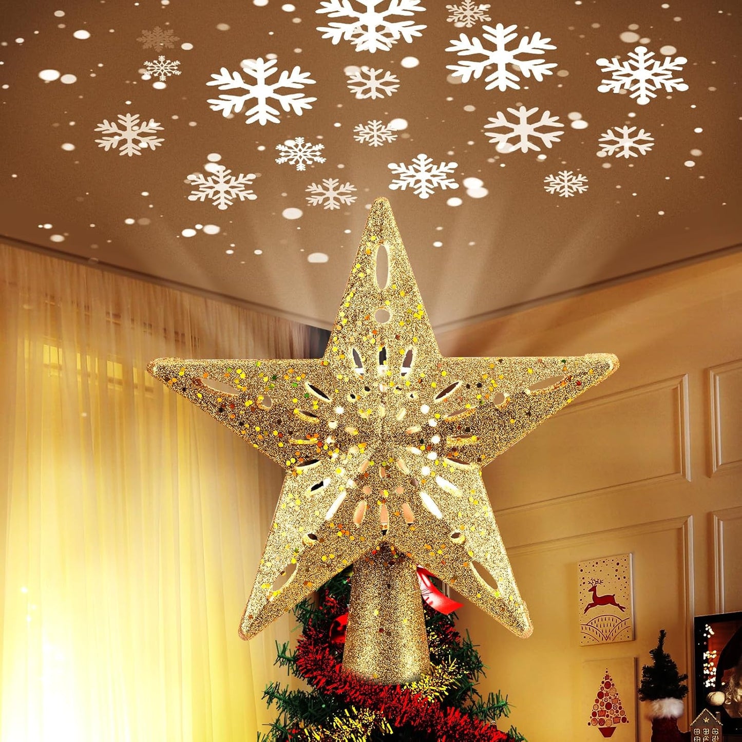 Christmas Star Tree Topper with Built-in Led Snowflake Projector Lights Hollowed Pentagram Tree Topper,Plug in Christmas Tree Ornament for Indoor Office Xmas New Year Holiday Tree Decoration
