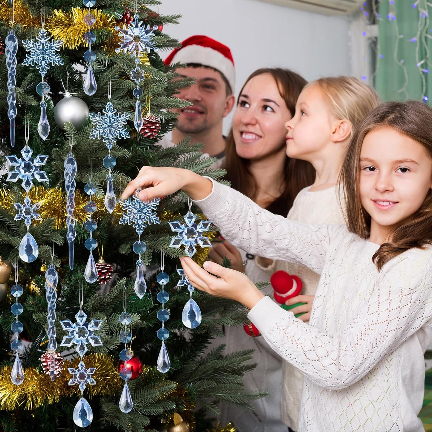 18pcs Crystal Christmas Ornaments for Christmas Tree Decorations-Blue Hanging Acrylic Snowflake and Icicle Ornaments with Drop Pendants for New Year Party Decorations Supplies