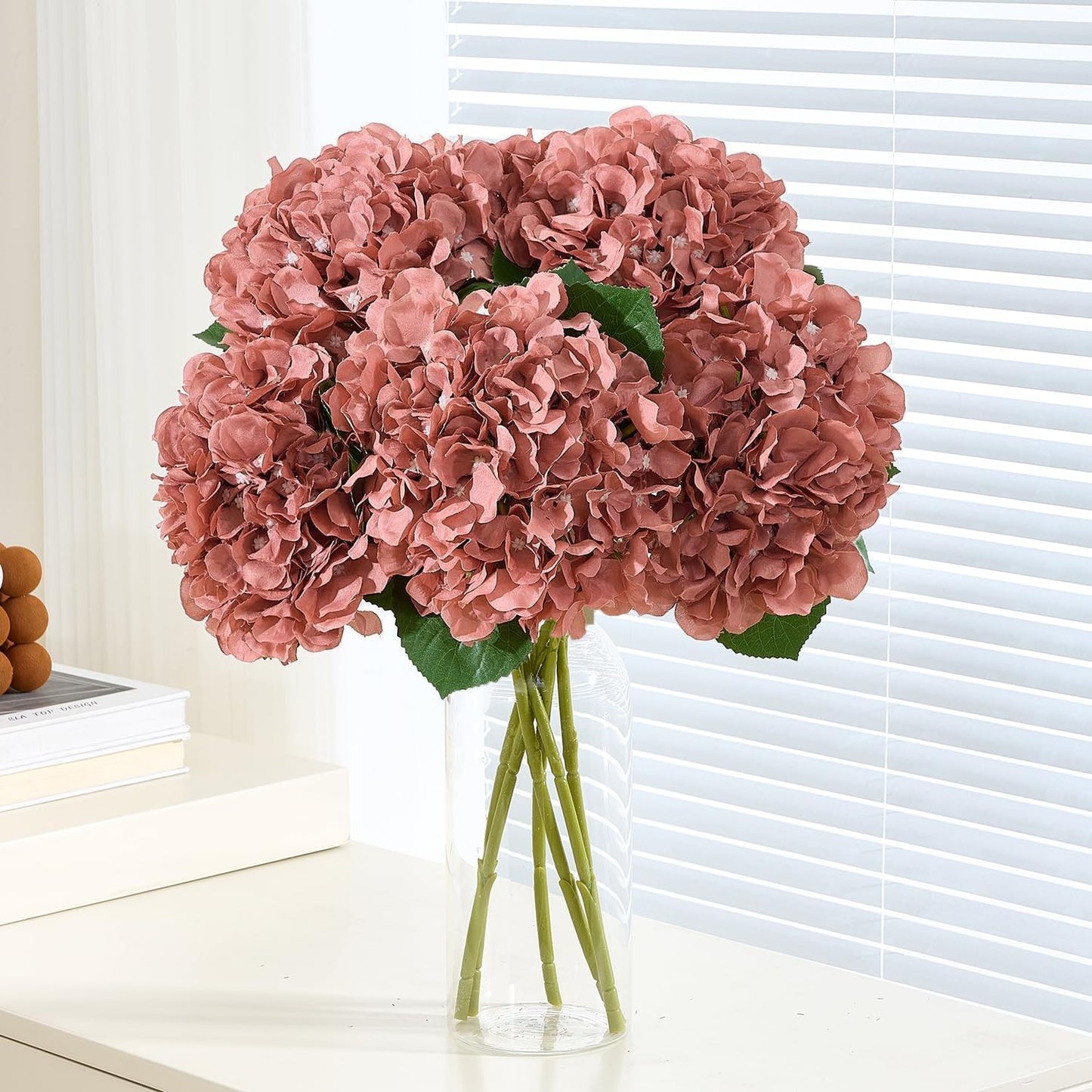 8Pcs Dusty Rose Fake Flowers Silk Hydrangea Artificial Flowers Bouquets Faux Hydrangea Stems for Home Table Centerpieces Wedding Party Decoration