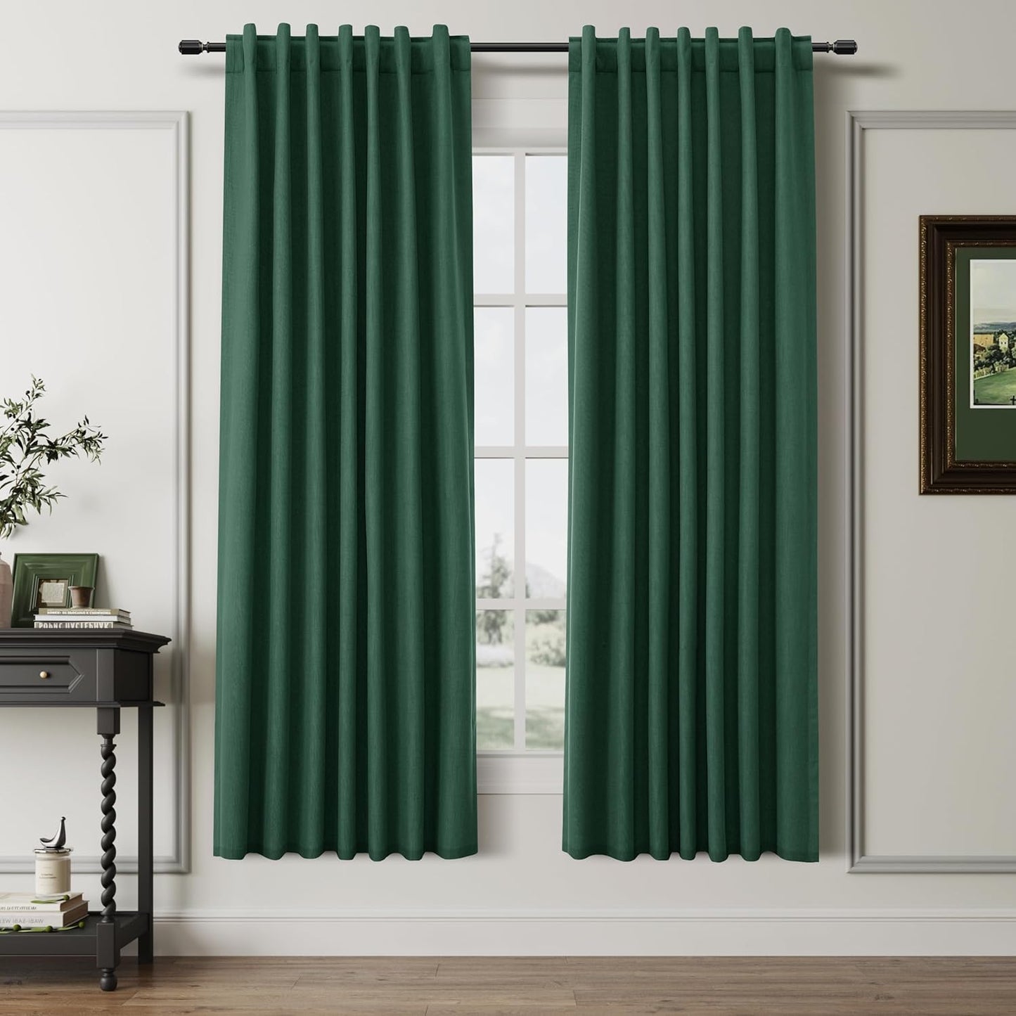 BOODII Linen Blackout Curtains for Bedroom 72 Inch Length 2 Panels Set Room Darkening Curtains Green Black Out Curtain Elegant Thermal Insulated Living Room Window Drapes Back Tab 52x72