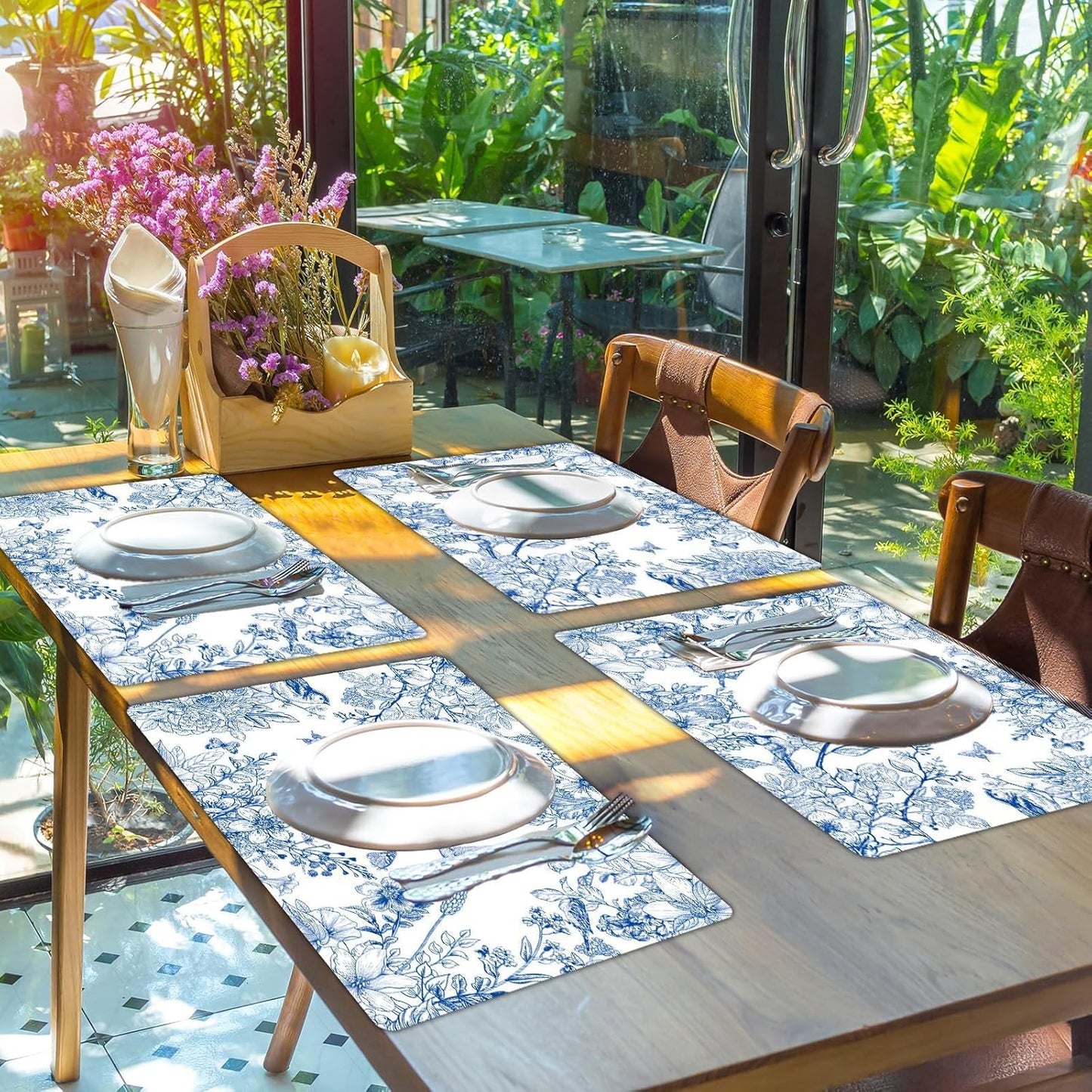 Blue Floral Placemats Set of 6 Flower Bird Plastic Table Mats Seasonal Spring Placemats Chinoiserie Place Mats Rustic Vintage Table Decoration for Indoor Outdoor Party Kitchen Dining