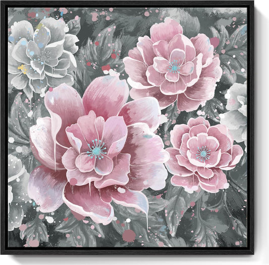 Pink Wall Art Bathroom Décor Modern Framed Floral Wall Picture Black and White Artwork Peony Flower Canvas Print for Bedroom Office Dining Room Décor Small