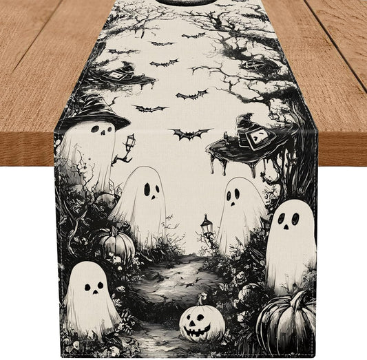 GPGHE Halloween Table Runner Black Ghost Holiday Burlap Table Decoration Indoor Outdoor Home Decor Party Supply 13 x 72 Inch