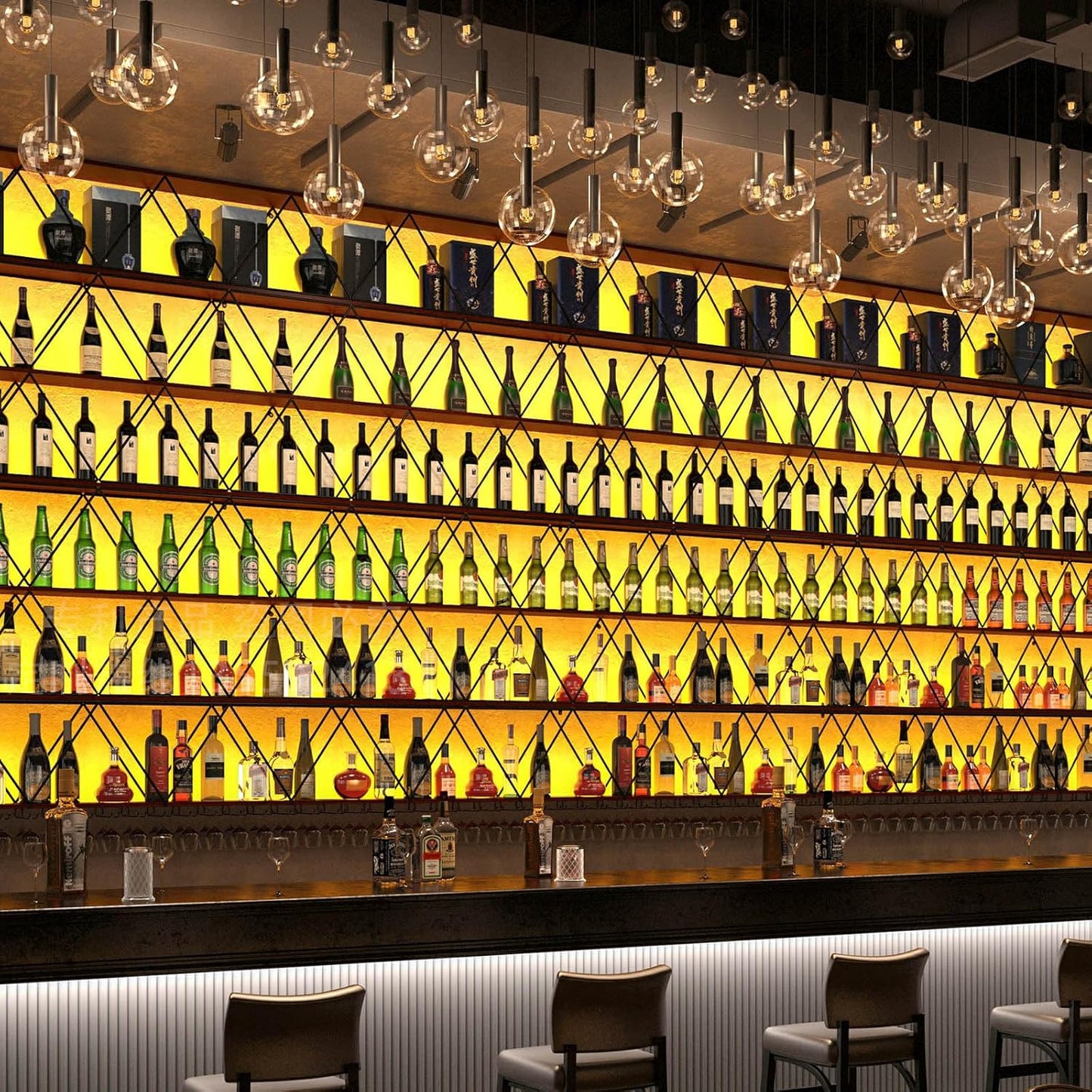 95in Wine Rack Wall Mount with Glass Holder, DIY Floating Wine Rack, Multi-Function Bar Wine Bottle Display Rack for Commercial Restaurants, Tea Rooms, Bars, Wine Cellars (black, 95in/240cm)