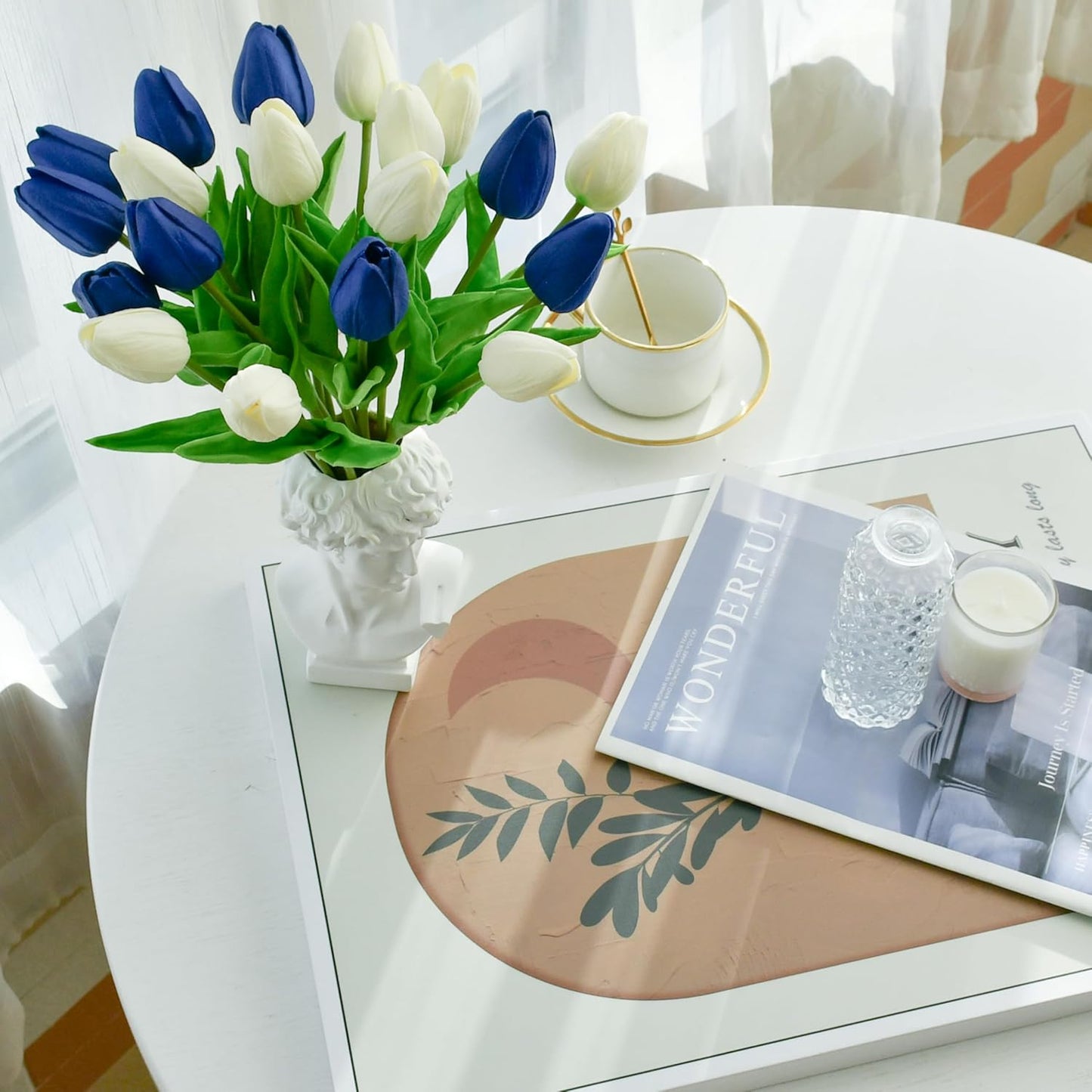 Mandy's Artificial Tulips 20 Stems Blue and White PU Faux Flowers for Wedding Home Decor 13.5 Inch