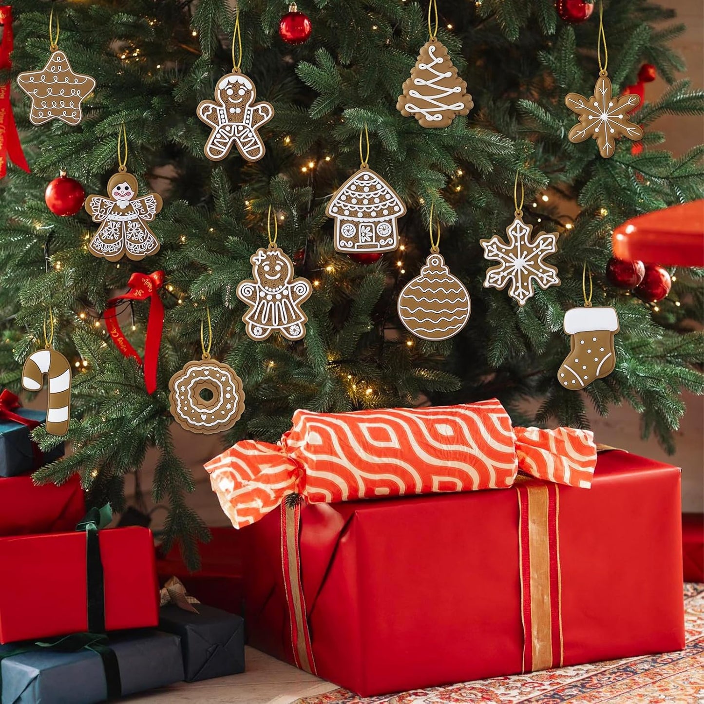 24pcs Christmas Gingerbread Man Ornaments, Assorted Gingerbread Figurines Decorations with Gingerbreads House Snowflake Ornaments for Xmas Tree Winter Crafts Holiday Home Party Decor Indoor