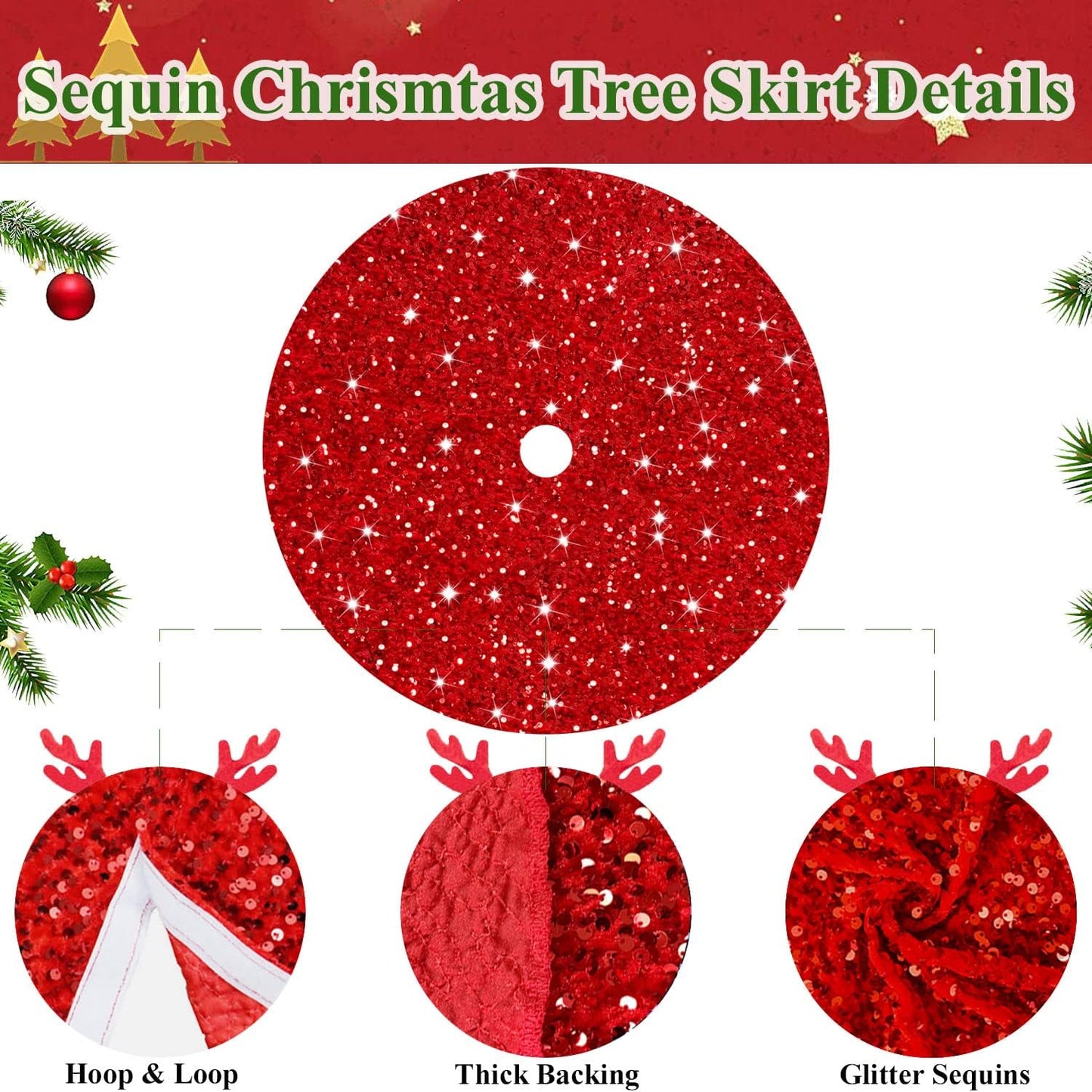 MODFUNS Christmas Tree Skirt Red Sequin Tree Skirt 36 Inch Velvet Christmas Tree Skirt Shimmer Glitter Tree Skirt Sparkle Xmas Tree Collar Bling Christmas Tree Mat for Christmas Tree Ornament