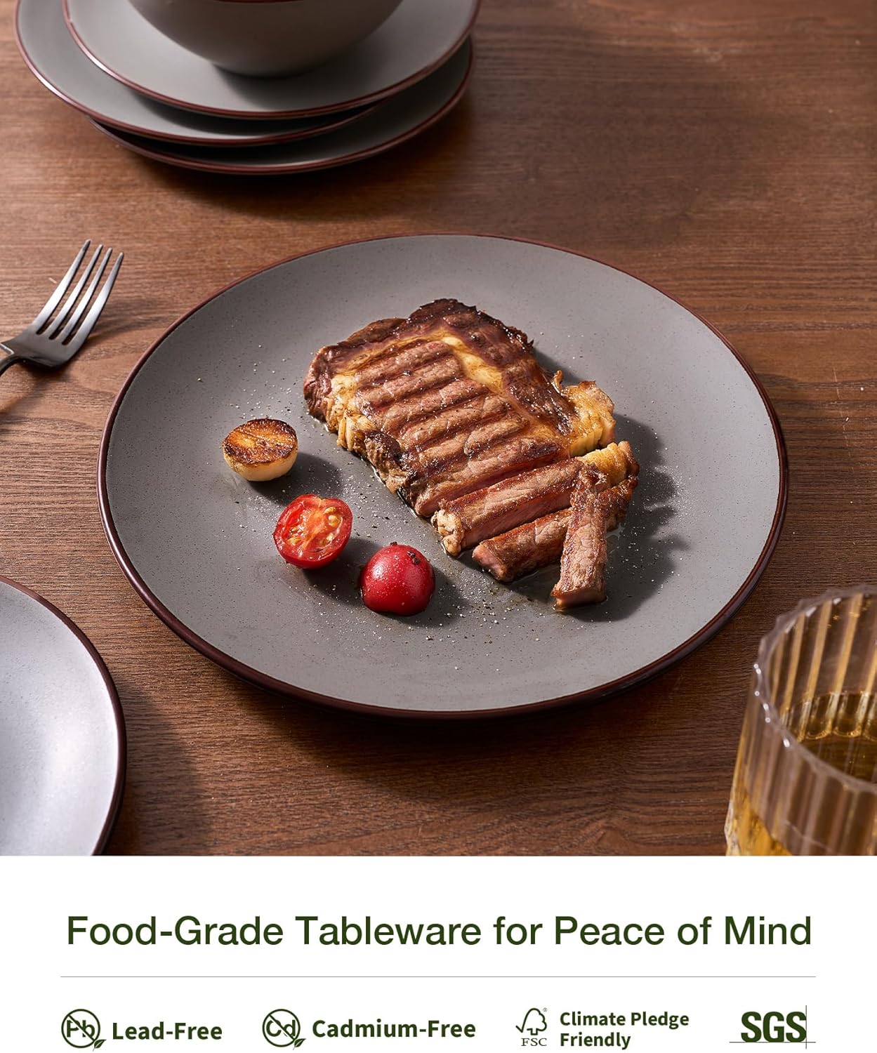 Famiware Venus Plates and Bowls Sets, 18 Pieces Stoneware Dinnerware Sets, Speckled Dishes Set for 6, Microwave and Dishwasher Safe, Matte Dark Grey