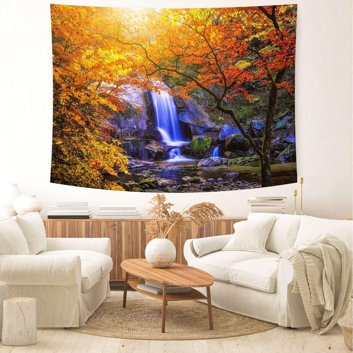 Delur Waterfall Tapestry Forest Nature Scenic Tree Mountain Sunset Tapestry Wall Hanging Natural Landscape Sunrise Headboard for Bedroom Living Room Home Decor (70.8" x 92.5")