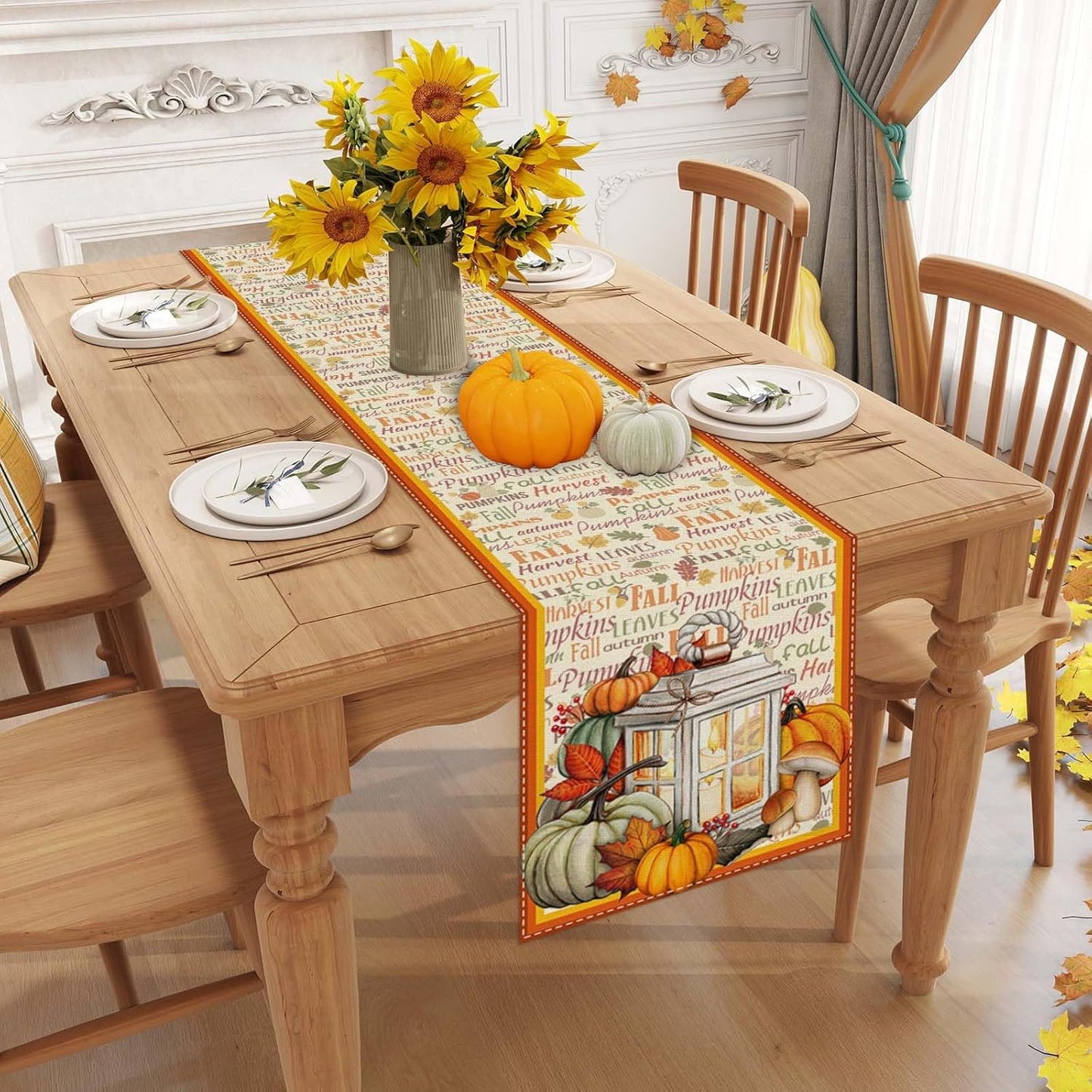 Linen Fall Table Runner 108 Inches Long - Farmhouse Leaves Pumpkin Decor for Autumn Thanksgiving Home Kitchen Dining Room
