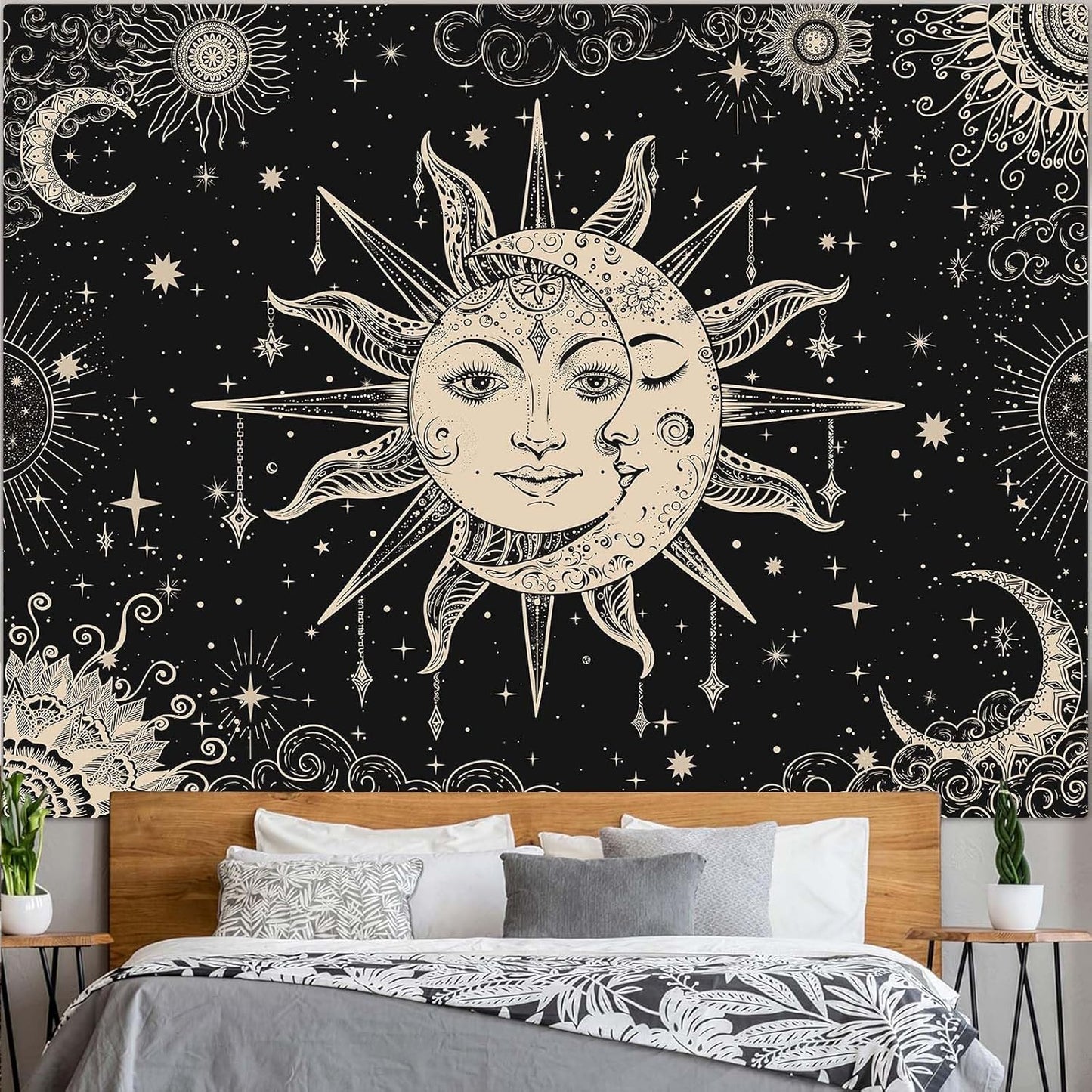 Lunerfex Sun and Moon Tapestry Mandala Wall Tapestry, Vintage Tapestries for Bedroom Ceiling Tapestries Wall Hanging for Bedroom Living Room Decor Sun-2 44"x60"