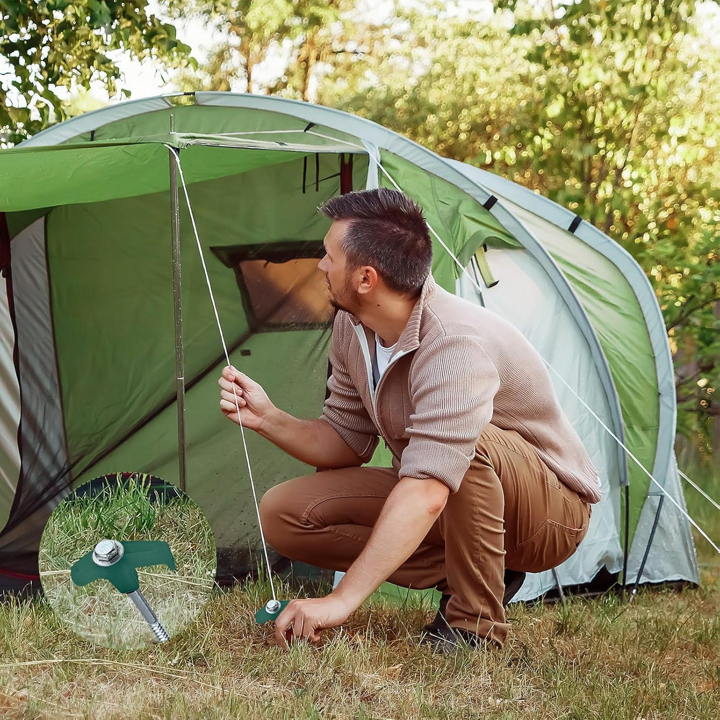 Hicarer 20 Pcs 20 Pcs 8'' Screw in Tent Stakes Heavy Duty Ground Metal Stakes for Inflatables with Hex Head Driver for Outdoor Camping Tent Inflatable Garden Decor (Dark Green)