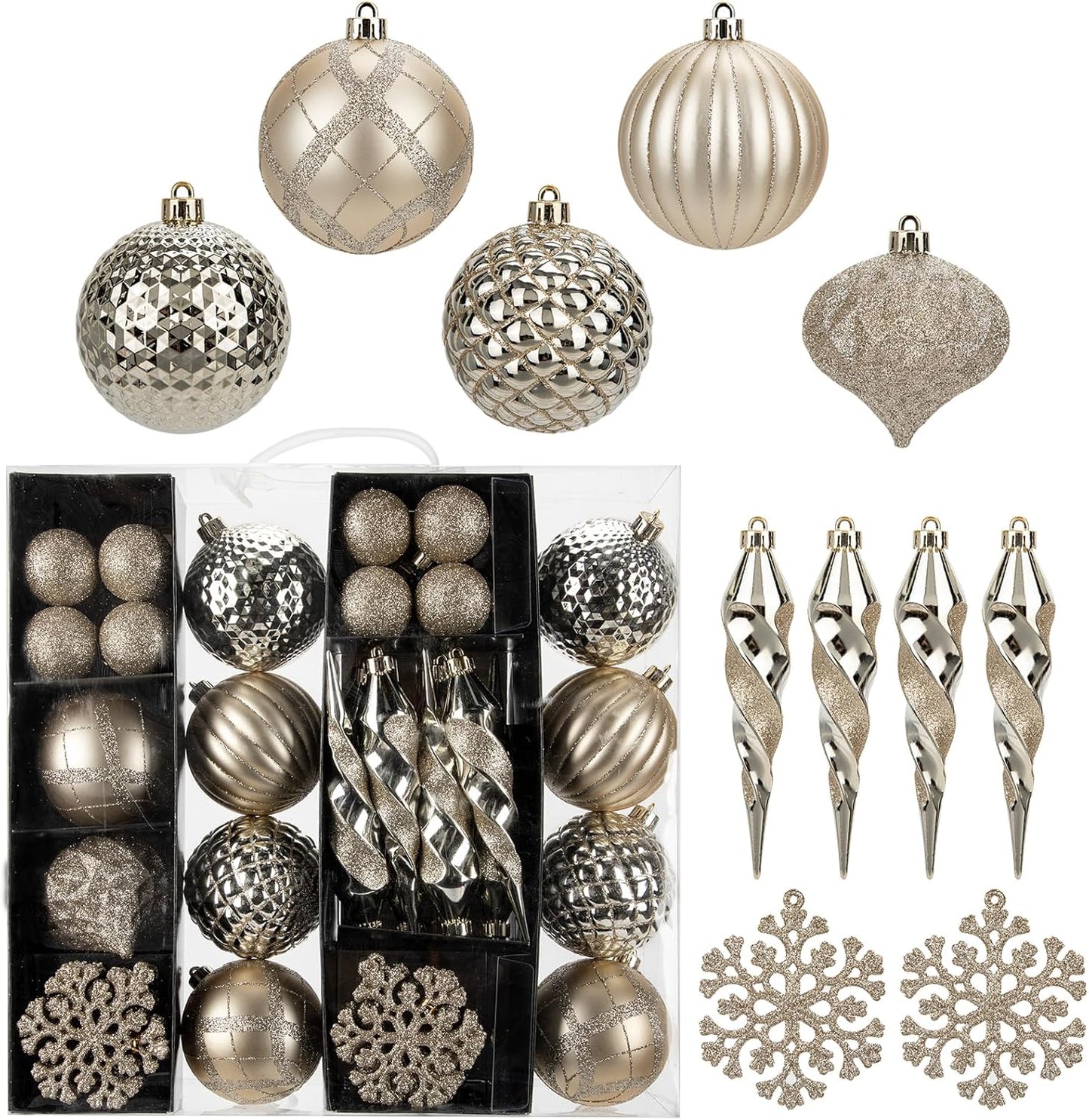 50PCS Christmas Tree Ornaments Set with Shatterproof Balls Icicle Snowflake Hanging Ornaments for Home Office Farmhouse Christmas Decorations, Champagne