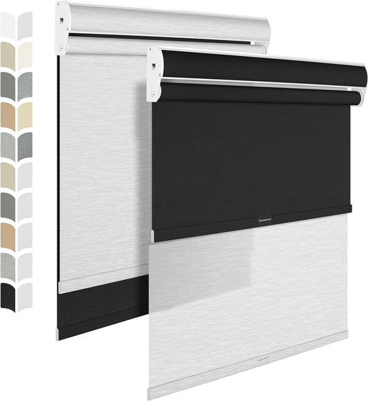 BERISSA Dual Roller Shades with Cassette Valance, Double Blackout and Light Filtering Shades, Day and Night for Home Office Door. Linen Black and White. 30 W x 86" H