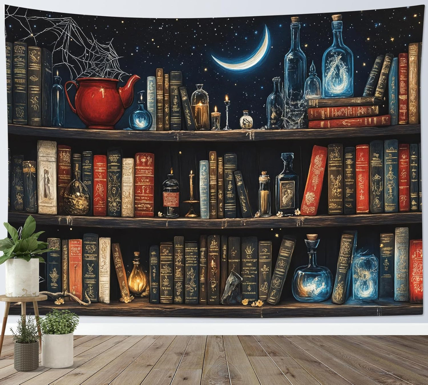 LB Fantasy Bookshelf Tapestry, Horror Spider and Vintage Book with Moon Wall Tapestry for Bedroom Aesthetic, Trippy Galaxy Wall Art for Living Room Dorm Home Decor Ready to Hanging, 48 x 36 Inches