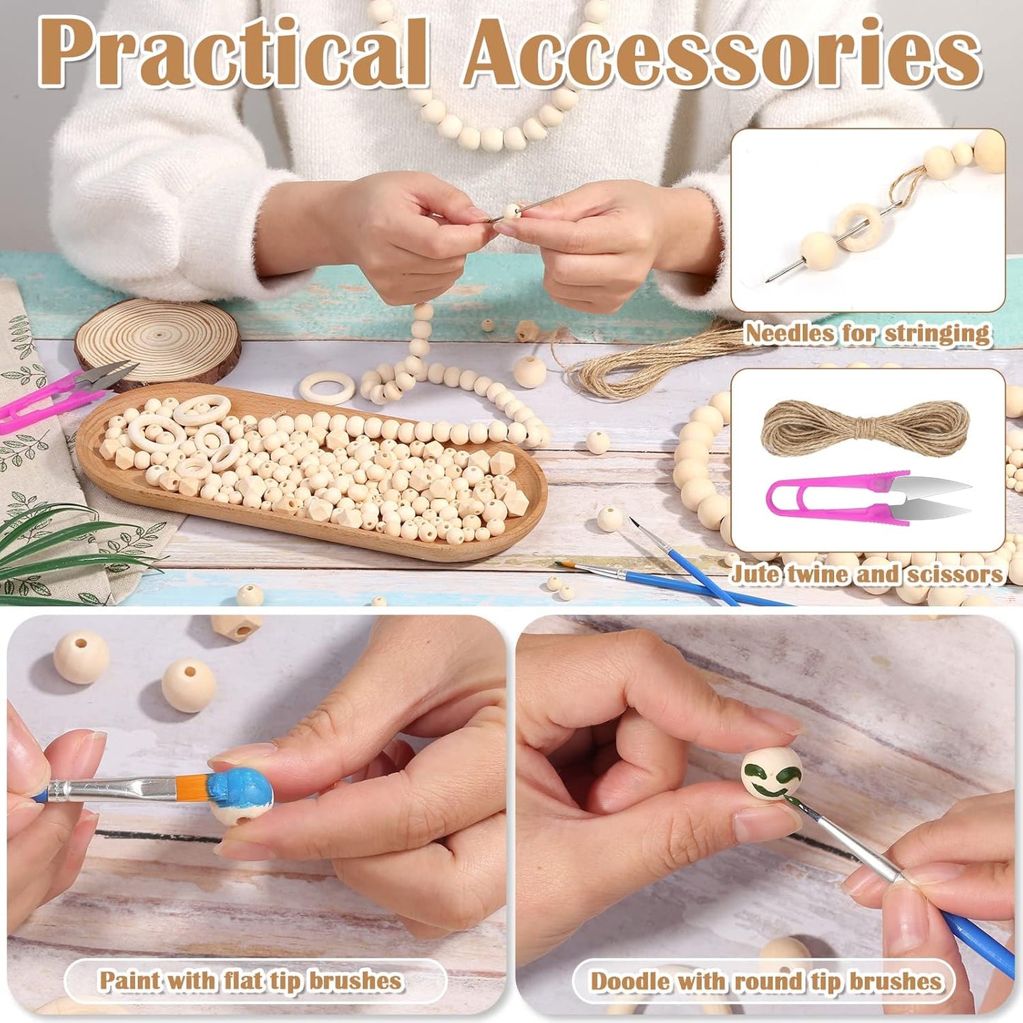 Wooden Beads for Crafts, 660 Pcs Natural Loose Wood Beads Rings Bulk Include Unfinished Beads with Holes, Smooth Wooden Ring, Polygon Spacer Beads Twine for Ornament Jewelry Making Home Garland Décor